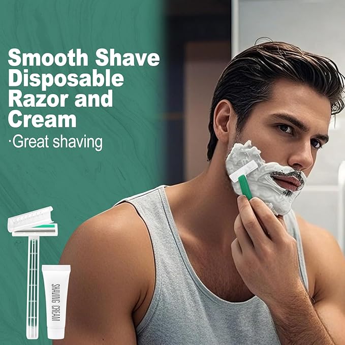 Disposable Razors in Bulk ,Green Razors Individually Wrapped Bulk,Twin Blade Razors with Clear Safety Cap and Shaving Cream, Razors For Homeless, Hotel,Air Bnb,Shelter/Homeless/Travel (30)