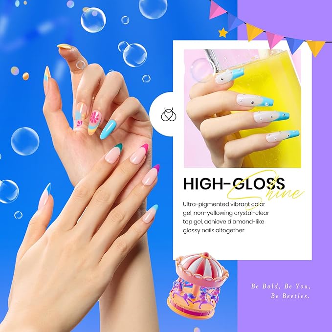 Beetles Gel Nail Polish Set- 23Pcs Color Gel Polish with Base Gel Top Coat Bright Colors, Gel Polish Kit Blue Pink Purple Orange Green Glitter Soak Off Uv Led Trendy Rainbow Nail Art