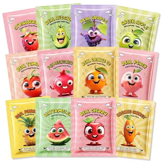 12 Pack Fruit Kids Face Mask,Pink Face Masks Skincare Spa Day Kit Supplies,Spa Party Favors for Teens Girls Women,Sheet Facial Mask Skincare Gifts Set,Moisturize Soothe for All Skin Types