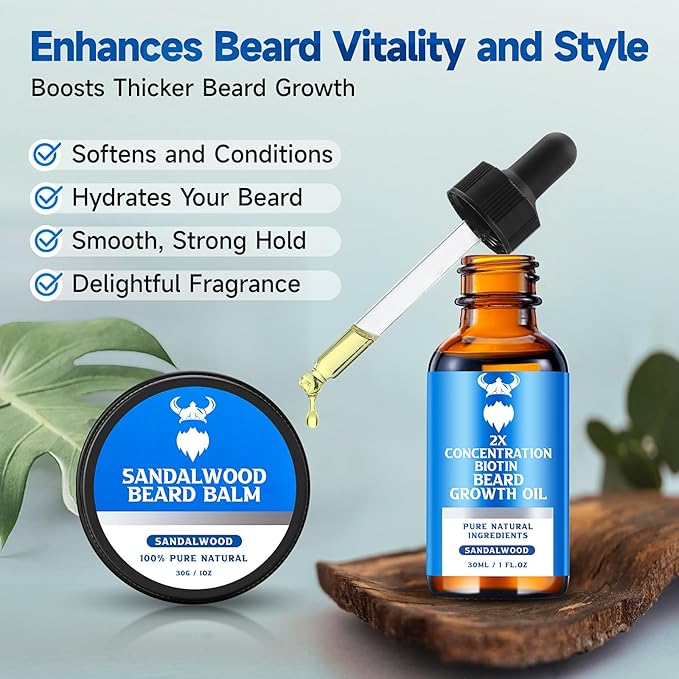 Beard Growth Oil & Beard Balm - Beard Growth Kit with 2X Concentration Biotin for Men, Natural Ingredients with Argan Oil, Jojoba Oil and Vitamin (Sandalwood)