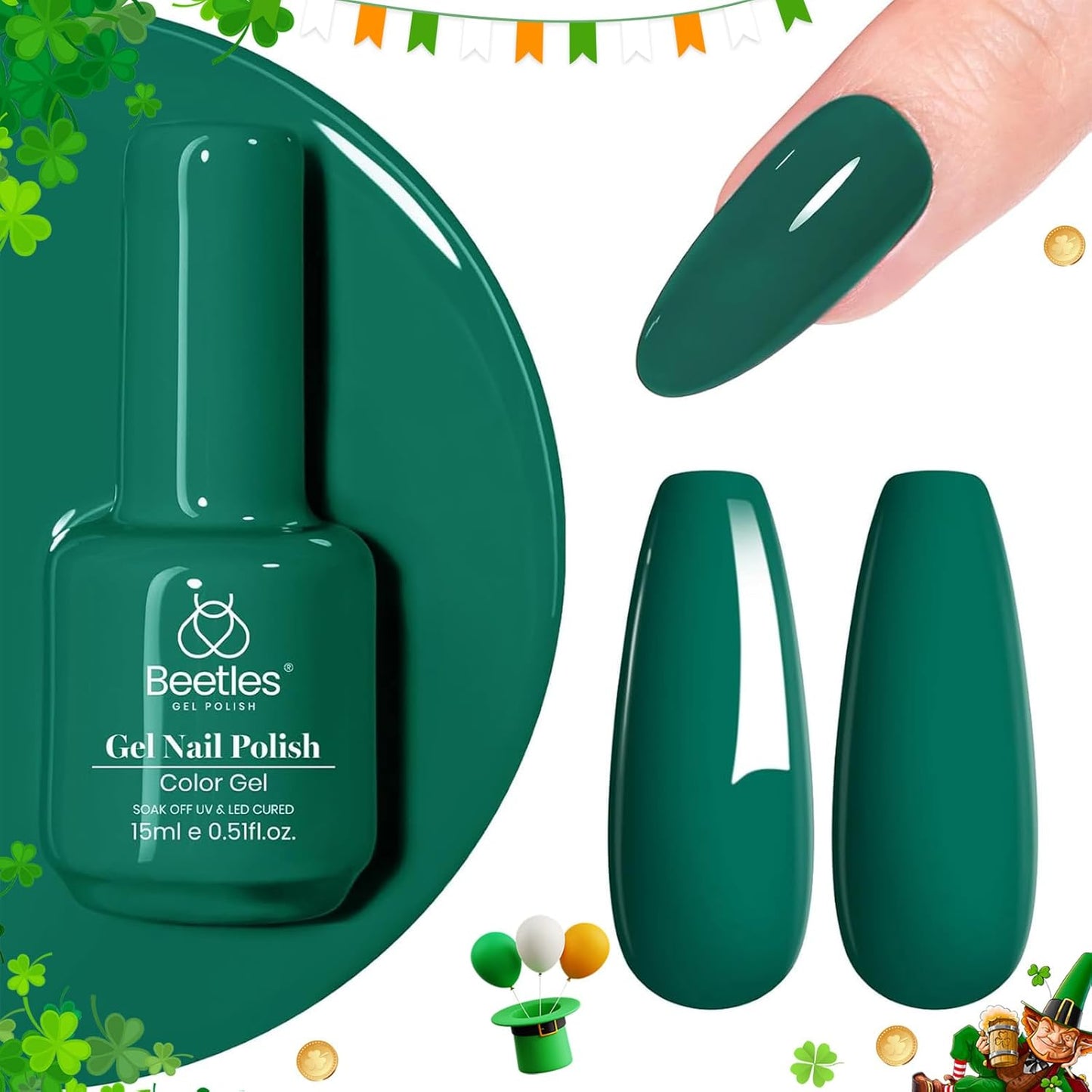 Beetles Green Gel Nail Polish 1 Pcs 15ml Emerald Green Gel Polish Soak Off Uv LED Nail Lamp Needed Nail Art Manicure Salon DIY Home 0.51Oz Gift for Women