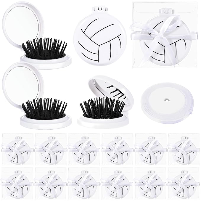 12 Set Volleyball Gifts for Team Bulk, Volleyball Compact Mirror Brush With Ribbons for Teen Girls Volleyball Gifts, Mini Travel Hair Brush for Volleyball Party Favors Volleyball Hair Accessories