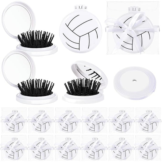 12 Set Volleyball Gifts for Team Bulk, Volleyball Compact Mirror Brush With Ribbons for Teen Girls Volleyball Gifts, Mini Travel Hair Brush for Volleyball Party Favors Volleyball Hair Accessories