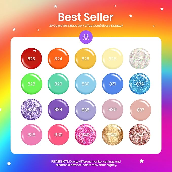 Beetles Rainbow Gel Polish Set, 20 Colors Glitter Pink Red Green Blue Bright Rainbow Collection Colorful Gel Polish Nails Sparkle Gel Base Glossy & Matte Top Coat UV Gel Gift for Women & Girls