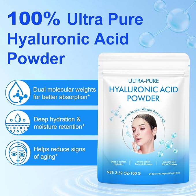 100% Pure Hyaluronic Acid Serum Powder for Face & Skin,DIY Making Hyaluronic Acid Gel Serum,Water Soluble Moisturizing for Skin Care (2 Pack)