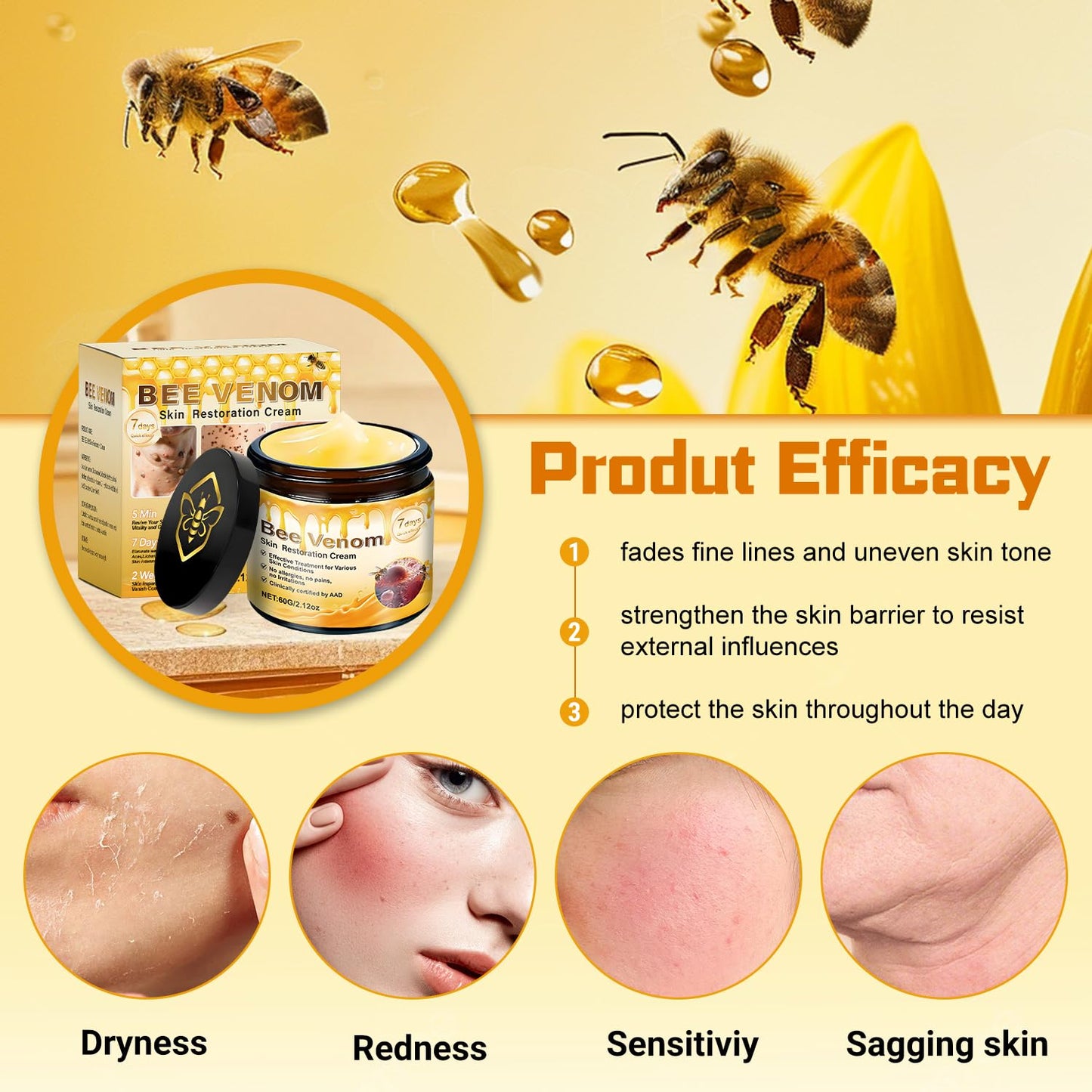 2pc Bee Venom Skin Restoration Cream, Bee Venom Skin Treatment Cream-Firms & Rejuvenates, Smooths Wrinkles & Fine Lines