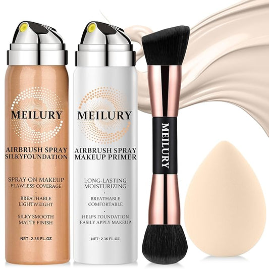 AirBrush Foundation Spray Set, Spray Foundation Makeup and Hydrating Face Air Primer Kit, Longwear Waterproof Liquid Matte Foundation Mist for Flawless Look (04 Porcelain)