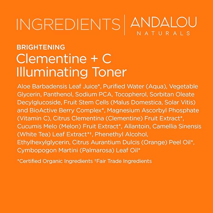 Andalou Naturals, Toner Facial Toner Helps Hydrate Balance Skin pH For Clear Bright Skin, Clementine Plus C, 6 Fl Oz