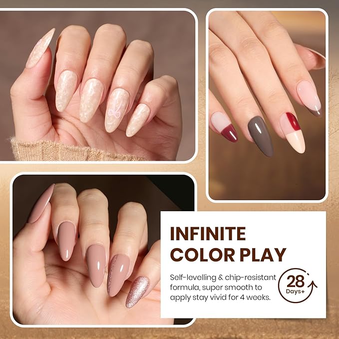 Beetles Gel Nail Polish Set - 20 Colors Warm Mist Fall Gel Nail Kit Burgundy Brown Nude Gold Glitter Gray Shimmer Soak Off Long Lasting with Base & Top Coat Home DIY Salon Nail Art Gift Set for Women