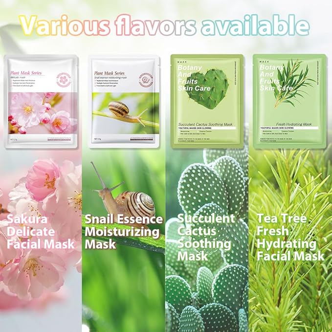 12 Pack Various Plants Face Sheet Mask Skincare,Hydrating Face Mask For Sensitive Skin,Moisturize,Soothing,Nourish for All Skin Types,Natural Spa Party Facial Mask Skincare Set for Women Men Girls