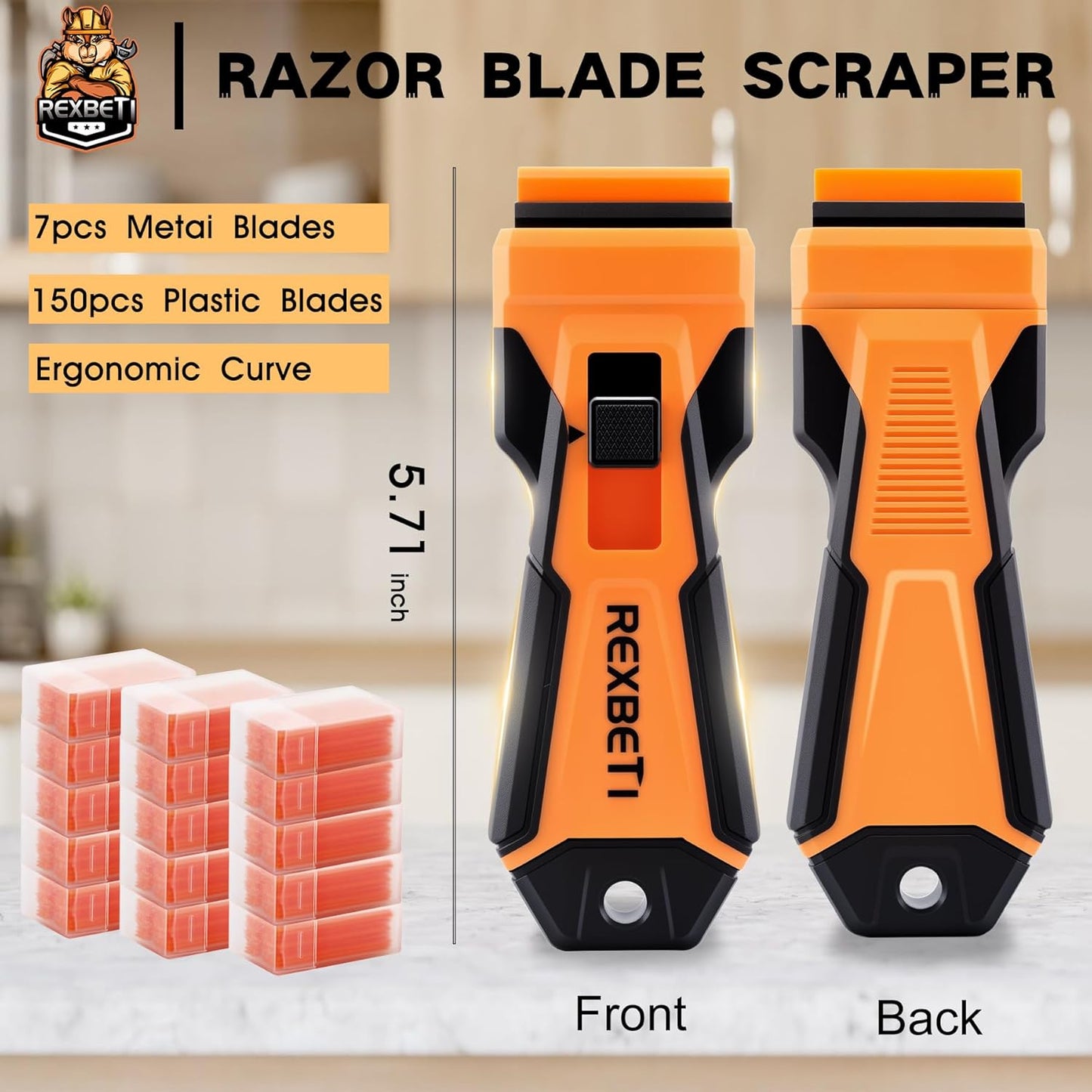 REXBETI Razor Blade Scraper Tool, 1 Pack Razor Scraper with Extra 157Pcs Razor Blades -7Pcs Metal and 150Pcs Plastic Blades, Cleaning Scraper Tool, Cooktop, Paint, Glass Scraper