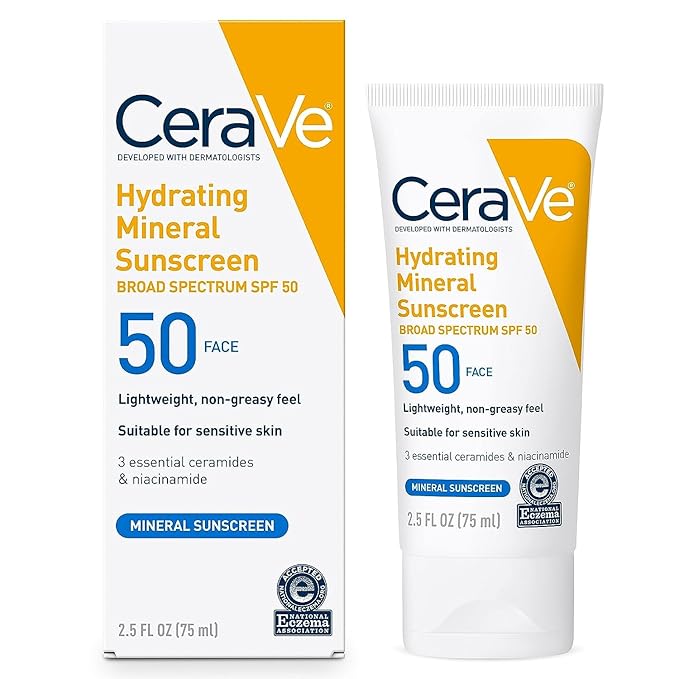 CeraVe 100% Mineral Sunscreen SPF 50, Face sunscreen With Zinc Oxide & Titanium Dioxide, Hyaluronic Acid + Niacinamide + Ceramides, Oil Free, Travel Size 2.5 oz