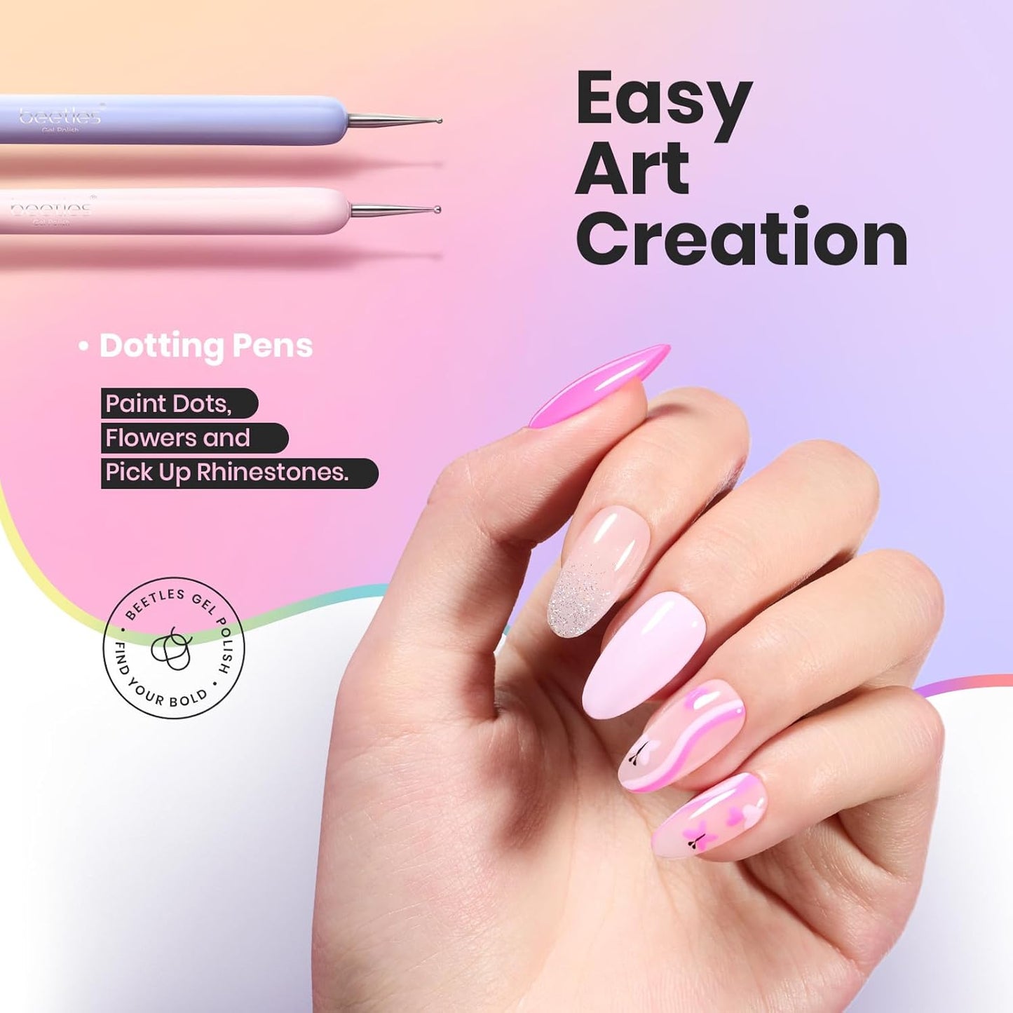 Beetles Nail Art Brushes, 6pcs Nail Art Tool Set, Nail Double-headed Dotting Tools, Striping Nail Art Brushes for Long/Short Lines, Nail Drawing Pen with Nail Brush Holder&Palette For Nail Design