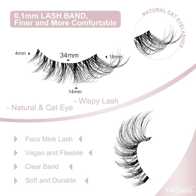 Cat Eye Lashes Wispy False Eyelashes Yasnai Strips Lashes Fox Eye Lash Fake Lashes Natural Look Eyelashes 10 Pairs Pack