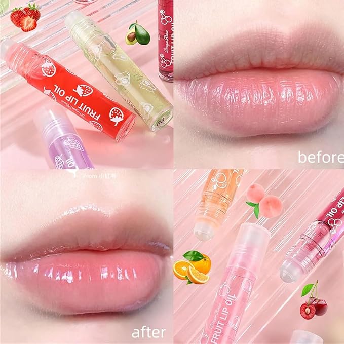 6Pcs Roll-On Lip Gloss Set,Fruit Flavored Roll On Rollerball Lip Oil,Transparent Plumping Lip Gloss for Teens and Kids,Non Toxic Lip-Makeup Set