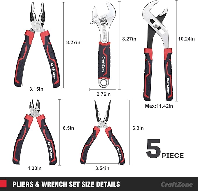 5-Piece Pliers & Wrench Set - Ideal Gift for Mechanics - Construction - Plumbing - Electrical Work - Includes 6" Long Nose & Diagonal Pliers - 8" Adjustable & Combo Wrench - 10" Groove Joint Plier