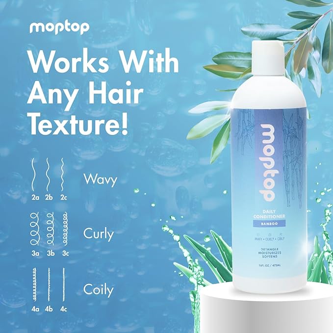 MopTop Daily Curly Hair Conditioner – Hair Moisturizer to Restore Dry, Damaged Hair & Reduce Frizz, Sulfate & Paraben Free Hair Care for All Hair Types – Wavy, Curly, Coily (Bamboo, 2pk)