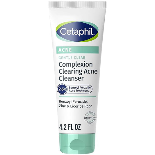 Cetaphil Gentle Clear Complexion-Clearing BPO Acne Cleanser with 2.6% Benzoyl Peroxide, Creamy and Soothing for Sensitive Skin, Suitable for All Skin Types, 4.2oz