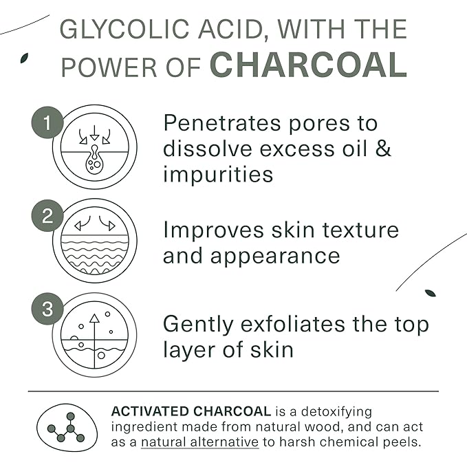 Botanic Tree Glycolic Acid Exfoliating Face Wash for Men - Facial Exfoliating Cleanser, Face Scrub - 2.5% Glycolic Acid with Activated Charcoal - 6 fl oz