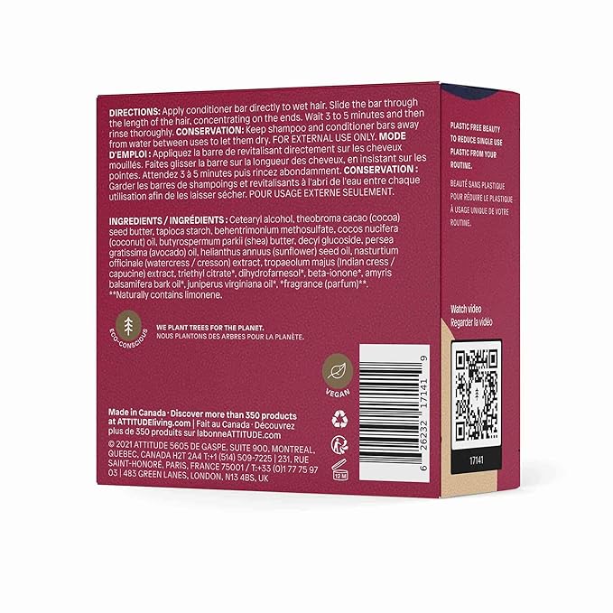 ATTITUDE Nourishing Conditioner Bar, Natural Origin, Repair and Protect, Avocado oil & Shea Butter, Vegan, Sandalwood, 4 Oz