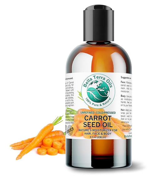 Bella Terra Oils - Organic Carrot Seed Oil 8 oz - Not Just for Tanning, Packed with Antioxidants, Cold-Pressed for Ultimate Skin Embrace & Natural Shine