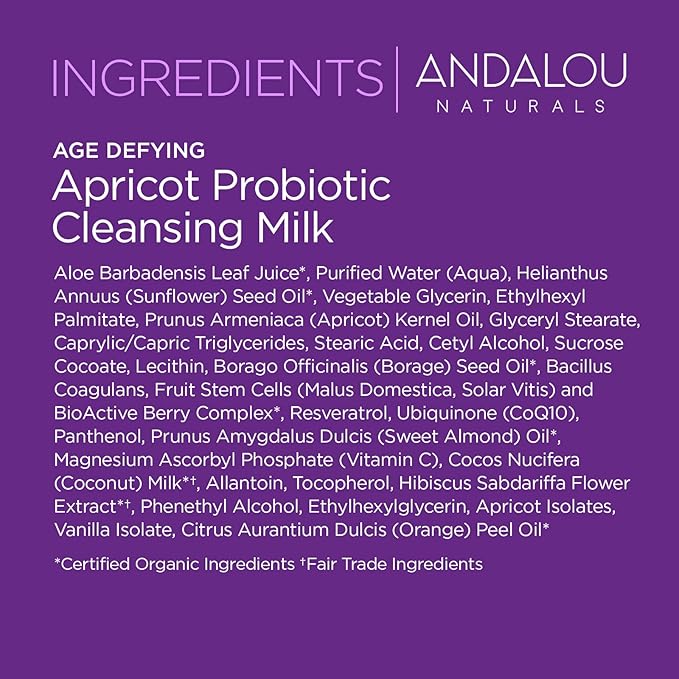 Andalou Naturals Age Defying Apricot Probiotic Cleansing Milk | Gentle Daily Hydrating Face Cleanser For Dry, Dehydrated Skin| With Fruit Stem Cell Complex | 6 fl oz