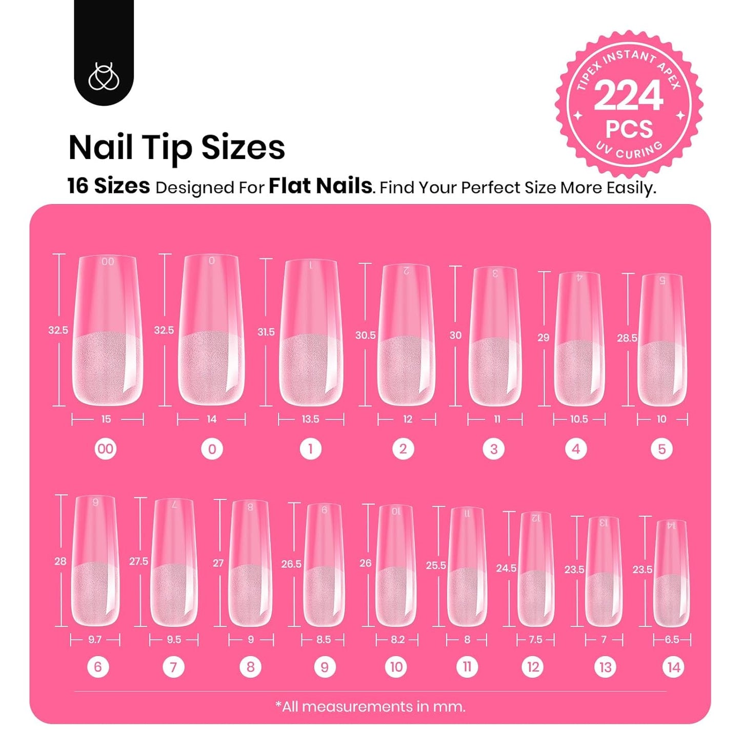 Beetles Tipex Nail Tips Kit, Long Square-C Curved Half Matte Nail Tips 224 Pcs 16 Sizes Pre Building Fake Nails with Tipex Nail Glue, Mini Nail Lamp - Thick Acrylic Nail Set
