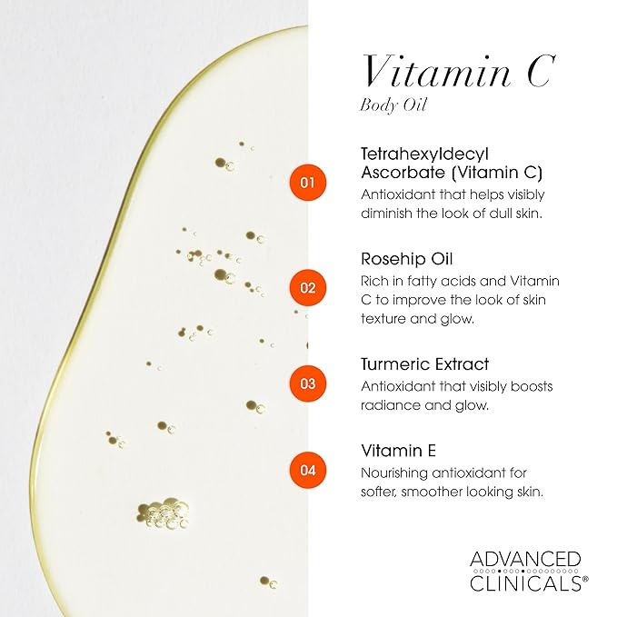 Advanced Clinicals Vitamin C Body Oil Skin Care Moisturizer W/Vitamin E & Turmeric - Hydrating Body Oil To Improve Look Of Dark Spots & Dry Skin, 12 Fl Oz