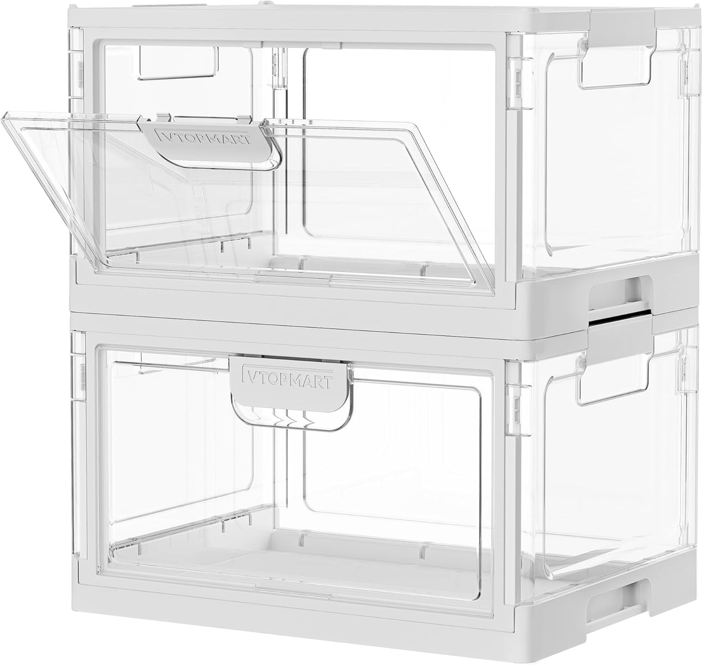 Vtopmart 2 Pack Stackable Storage Bins with Lids,24QT Clear Foldable Closet Organizer with Front-Open Doors,Plastic Storage Containers for Living Room, Bedroom, Craft Room, Dorm Organization