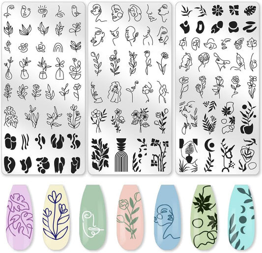 3Pcs Abstract Boho Nail Stamping Plate Set Nail Stamp Templates French Line Tip Lady Face Leaf Floral Metal Reusable Tools with Stamper Scraper for Manicure Printing