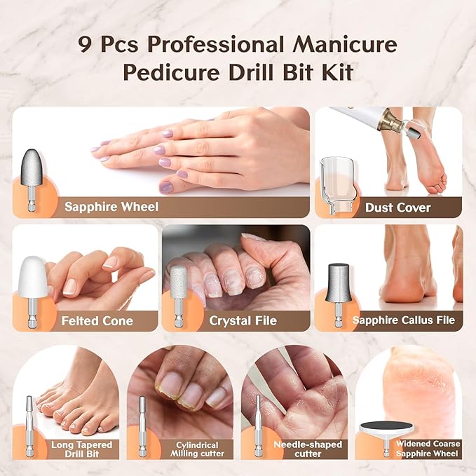 Cordless Nail Drill Electric Nail File: Professional Manicure Pedicure Kit for Acrylic Gel Nails Grind Trim Polish, 15-Speed Brushless Electric Foot Callus Remover ,Nail Tool for Women & Men.