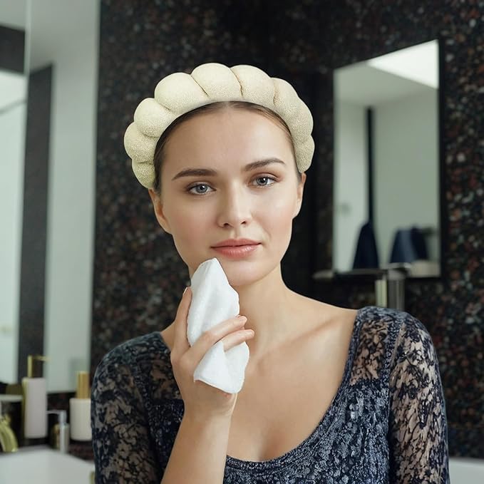 7 Pcs Spa Set, Facial Headband and Wristband Set, Skincare Accessories, College Style Girl Gift, Hair Accessories for Women and Girls (Khaki)