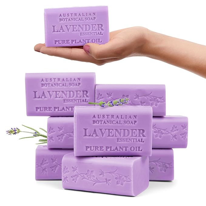 Australian Botanical Soap, 6.6 OZ, Lavender and Essential Oil, Triple Milled Bars made with a Natural Soap Base and Enriched with Organic Shea Butter, Pack of 8