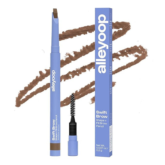 ALLEYOOP Swift Eyebrow All-In-1 Brow Definer with Built-In Sharpener & Spoolie Brush, Water & Smudge Resistant and Eyebrow Pencil for Women, Natural Matte Finish, Vegan, Cruelty-Free (Medium Brown)