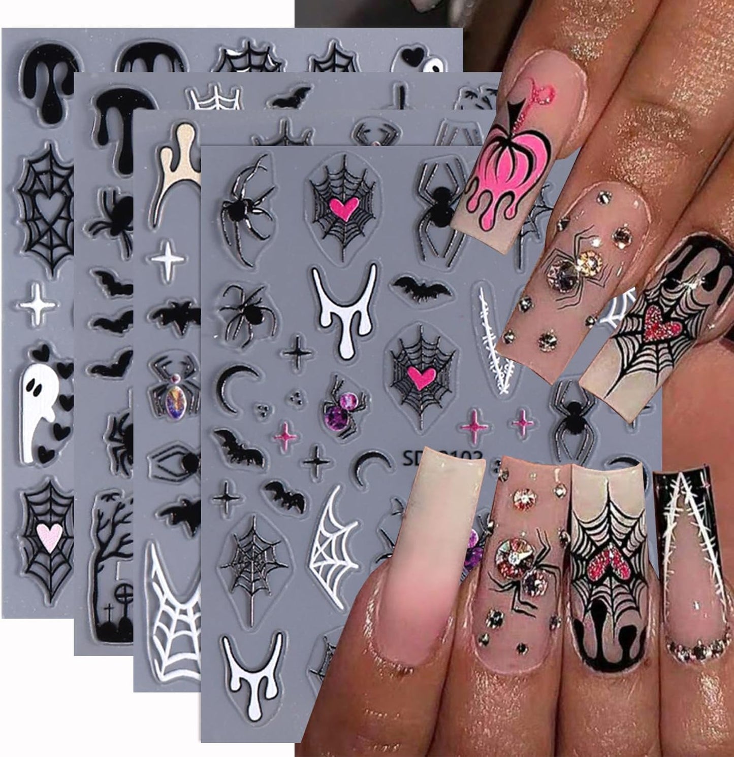 4 Sheets Halloween Nail Stickers Spider Nail Decals Bat Nail Art Stickers Spider Web White Ghost Black Heart Design Star Moon Nail Sticker for Nail Art Decor Scared Manicure Accessories for Women