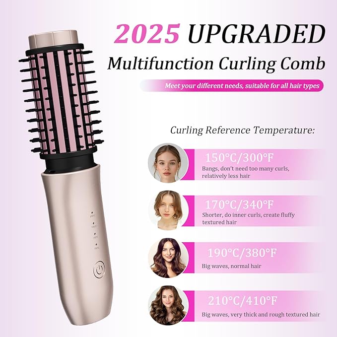 Cordless Hair Curling Iron Brush, Travel Curl Brush, 3-in-1 Portable Curling Iron Cordless, Plasma Thermal Hair Brush, 7000mAh USB Rechargeable Curling Wand, Mini Hot Curlings Brush-Blush Pink