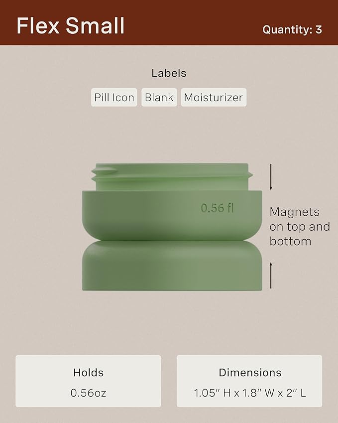 Cadence Travel Containers - Daily Routine Capsule Set - Magnetic Containers with Lids,4 Flex Mediums (1.32oz) & 3 Flex Smalls (0.56oz) - Shampoo, Conditioner, Body Wash, Pills, & More - Sand