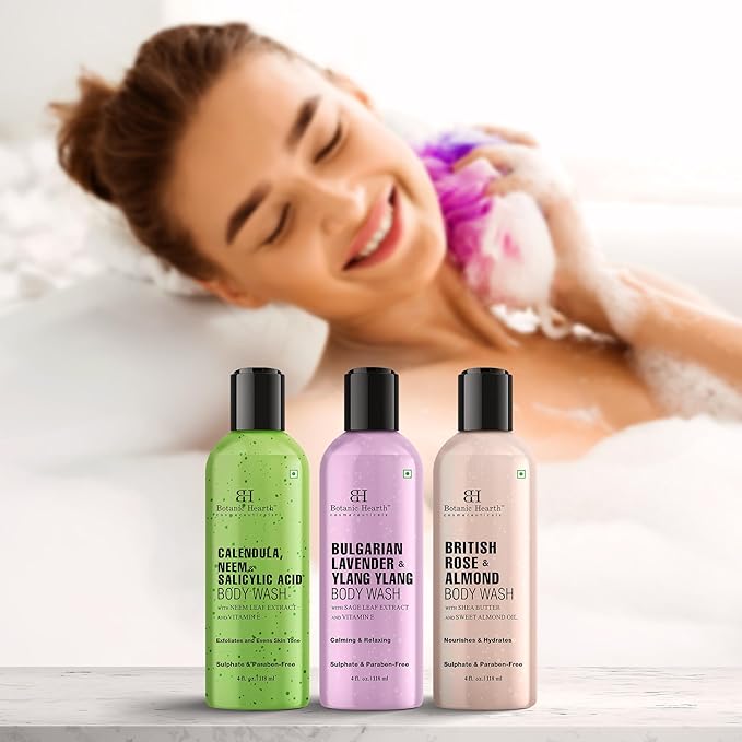 Botanic Hearth Relax And Renew Shower Set | Pack Of 3 Of Body Wash (British Rose,Lavender, Calendula Neem) 2 Fl Oz Each