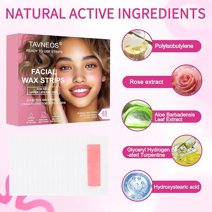 48PCS Facial Wax Strips for Hair Removal(48 Face+6 Soothing Wipes) Facial Hair Removal for Women, Waxing Kit for Women's Face, Bikini, Chest, Body, Arms, Legs, Back, & Brazilian