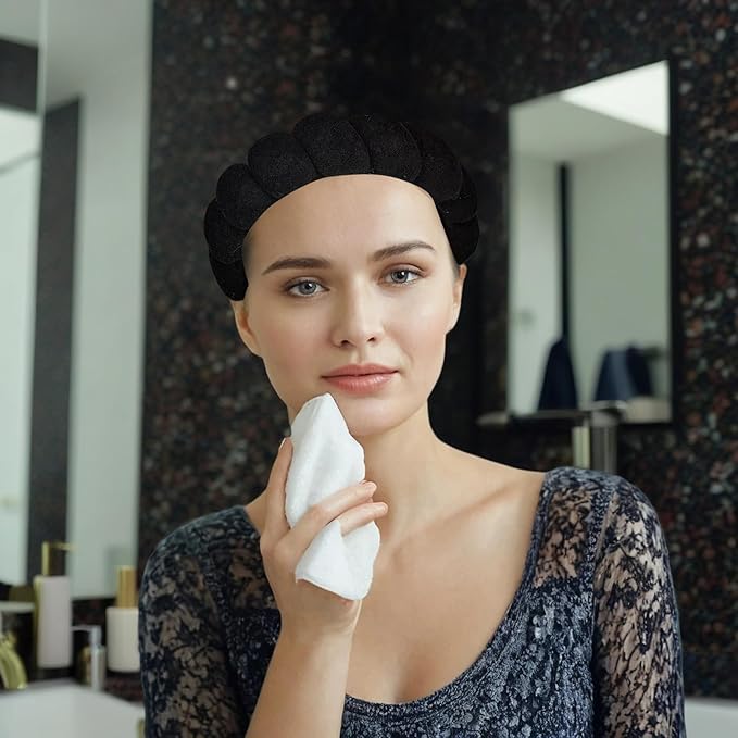 7 Pcs Spa Set, Facial Headband, Spa Headband and Wristband Set, Skincare Headband, College Style Girl Gift, Hair Accessories for Women and Girls (Black)