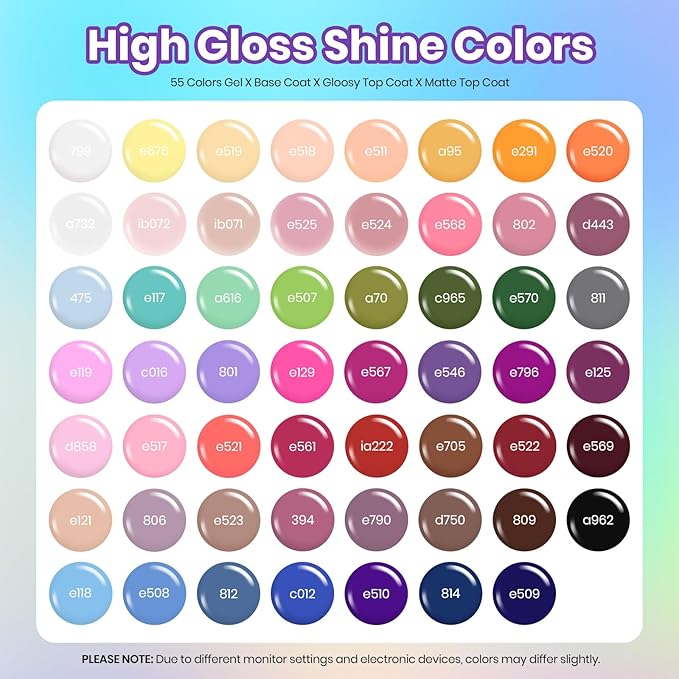 Beetles Fall Gel Nail Polish Set - 63 PCS 55 Colors Gel Polish Kit with 5 Bottles of Base Glossy Matte Top Coat Soak off Nail Polish Set Orange Brown Pink Green Blue Red Halloween Gifts for Women