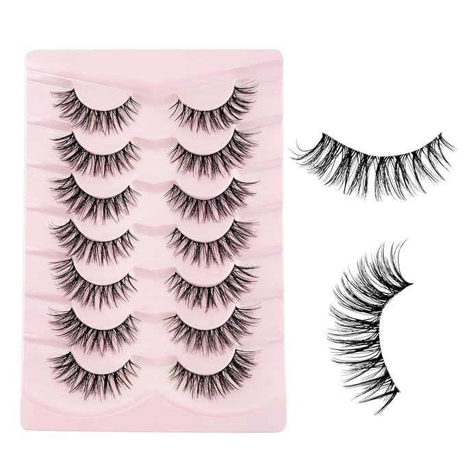Cat Eye Lashes False Eyelashes Natural Look, Yasnai Wispy Fake Lashes Volume Lashes, Strips Lashes Natural Eyelashes Clear Band 6 Pairs Pack