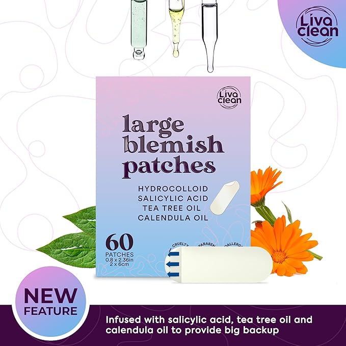60CT Large Pimple Patches - Hydrocolloid Acne Patches with Salicylic Acid, Tea Tree & Calendula Oil - Full Face Pimple Patch - Blemish Patch for Chin, Nose, Forehead, Body - Hydrocolloid Bandages XL