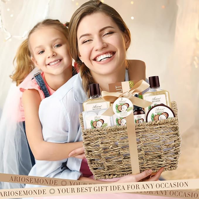 Bath & Shower Spa Basket Gift Set, Coconut Scent, with Shower Gel, Bubble Bath,Body Lotion, Bath Bomb,Bath Salt, Bath and Body Gift Box for Women
