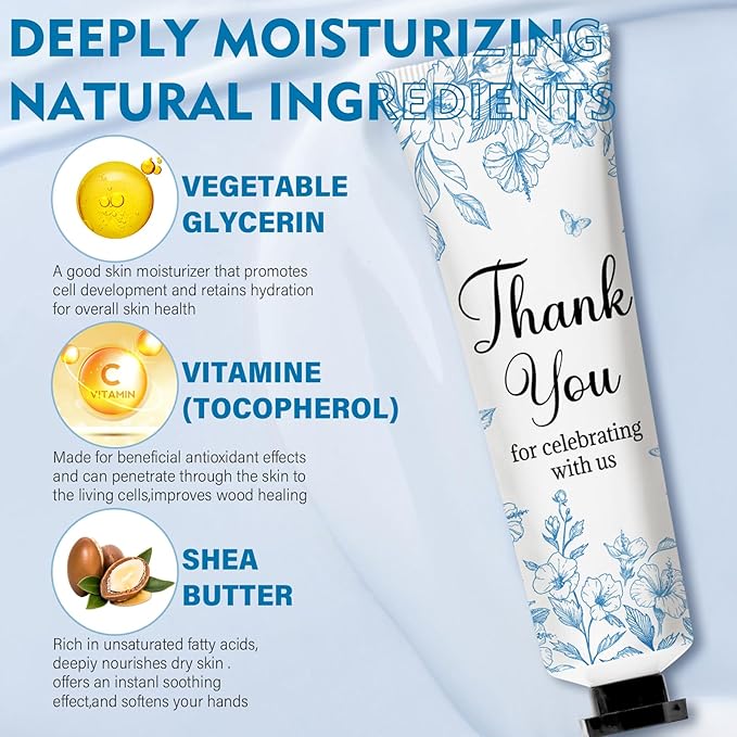 50 Sets Blue Flower Baby Shower Hand Cream Set, Favors Party for Guests Bridal Wedding Gift Bulk Baby Shower Travel Size Hand Cream Blue Flower with Thank You Card and Organza Gift Bags(blue flower)