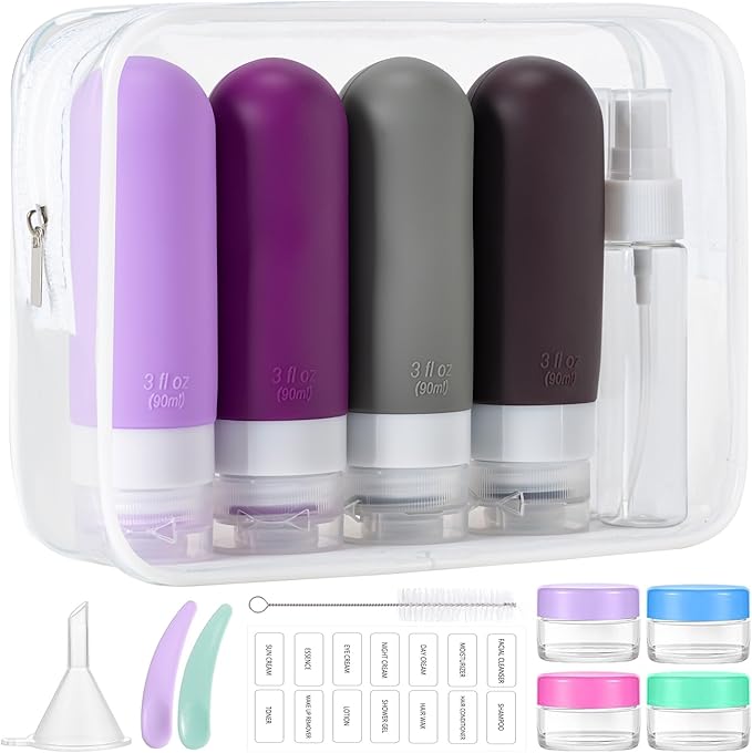16pack Travel Bottles for Toiletries, TSA Approved LeakProof Squeezable Silicone Toiletry Containers for Shampoo, Conditioner, 3oz Portable Refillable Traveling Size Liquid Containers (16Pcs/Purple）