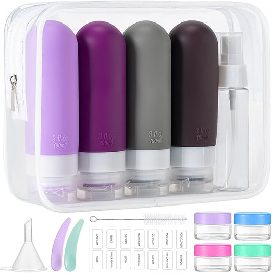 16pack Travel Bottles for Toiletries, TSA Approved LeakProof Squeezable Silicone Toiletry Containers for Shampoo, Conditioner, 3oz Portable Refillable Traveling Size Liquid Containers (16Pcs/Purple）