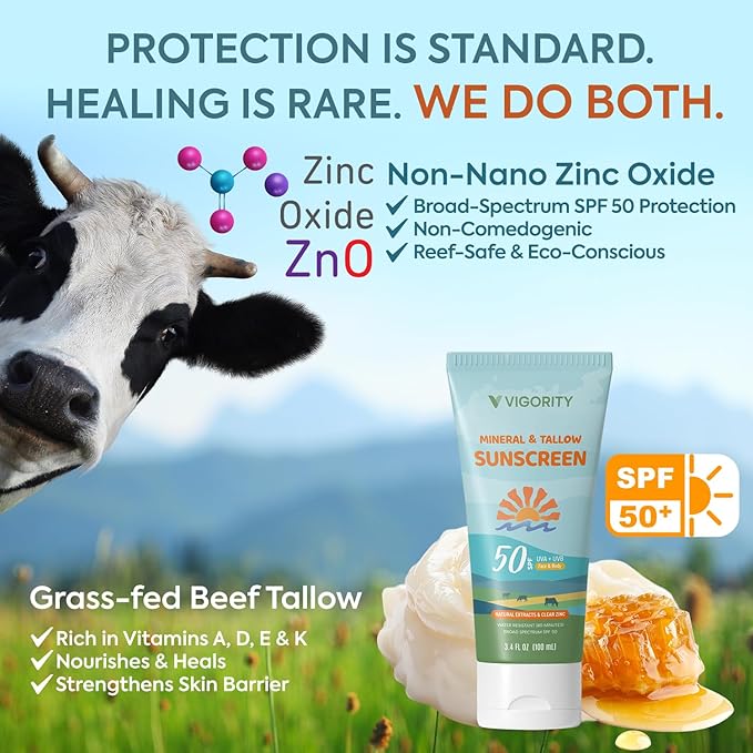Beef Tallow Sunscreen with Zinc Oxide: Natural Non-Toxic SPF 50 Tallow Sunblock Cream for Face & Body - with 10 Food-Grade Botanical Extracts (Tallow Balm + SPF 50 Sunscreen)