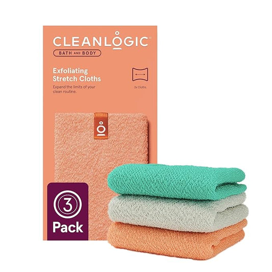 Cleanlogic Body Exfoliating Cloth, Stretchy Exfoliator Bath and Shower Washcloths for Smooth and Softer Skin, Reusable Daily Skincare Tool, Assorted Colors, 3 Count Value Pack