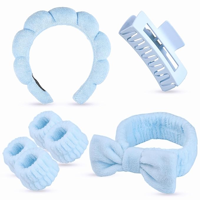 7 Pcs Spa Set, Facial Headband and Wristband Set, Skincare Accessories, College Style Girl Gift, Hair Accessories for Women and Girls (Blue)